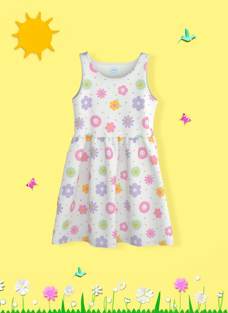 Girls' 100% Cotton All-over Floral & Polka Dot Print Fit & Flare Dress